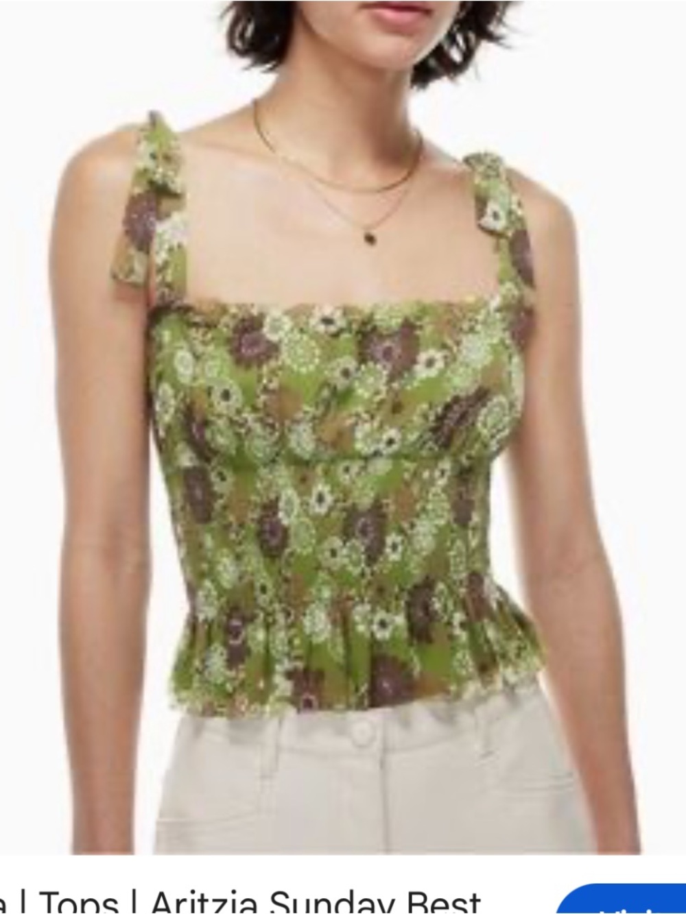 Aritzia Green Floral Tie-Strap Smocked Camisole Wilfred M